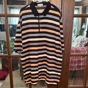 Pringle Mens XL Polo Shirt Short Sleeve‎ Striped Black Tan Blue Knit Logo Golf